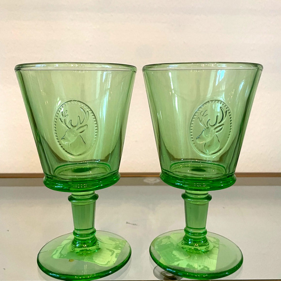 LA ROCHERE Alpine Deer Stag Head Embossed Goblet Wine Glass Set of 6 Green NEW - Picture 2 of 15
